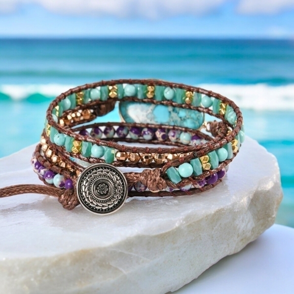 ποΈHandmade Blue Imperial Jasper Wrap Bracelet | Boho Chic Vintage Style πΈπ - Picture 5 of 9